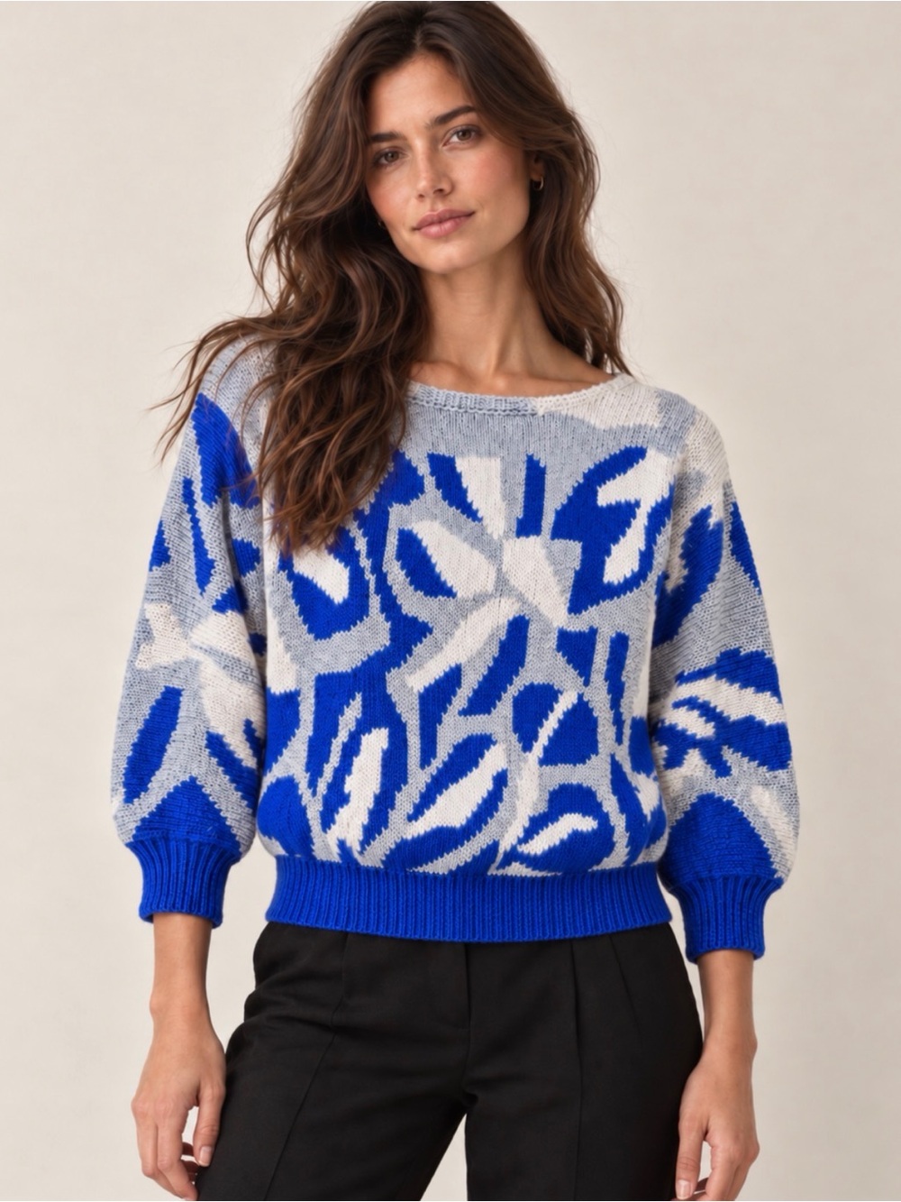 Vintage Hand Knit Angora Wool Sweater Blue Silver Abstract Small